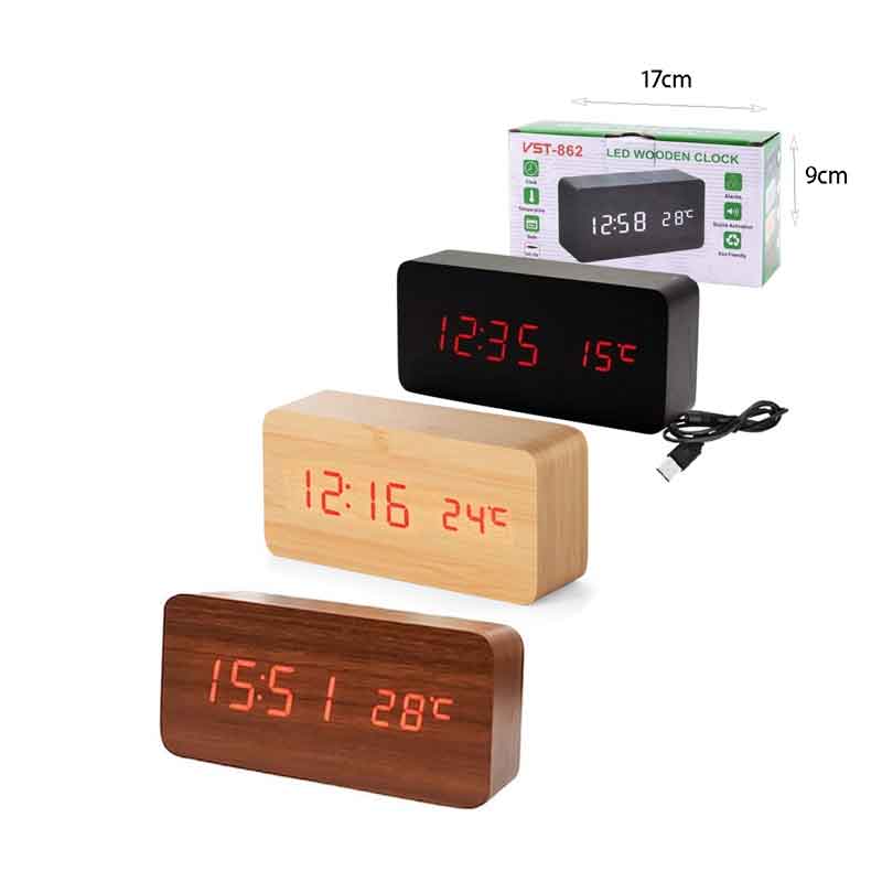 Ξύλινο Ψηφιακό Ρολόι LED με Θερμόμετρο VST-862 – LED Wooden Clock with Temperature Display - Image 4