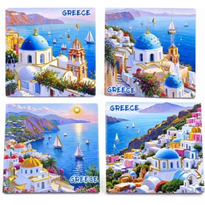 Alternative view of Σετ Σουβέρ 4 Τεμαχίων με Κουτί Σχέδιο Σαντορίνη 11x11cm - Santorini Greece Coaster Set of 4 with Box