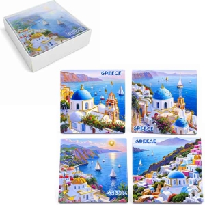 Σετ Σουβέρ 4 Τεμαχίων με Κουτί Σχέδιο Σαντορίνη 11x11cm - Santorini Greece Coaster Set of 4 with Box
