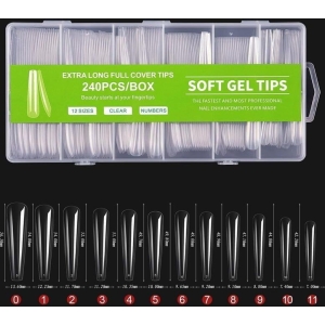 Κασετίνα μαλακά τεχνητά νύχια 12 μεγέθοι 240τμχ – Extra Long Full Cover Nail Tips Clear Soft Gel Tips 240pcs