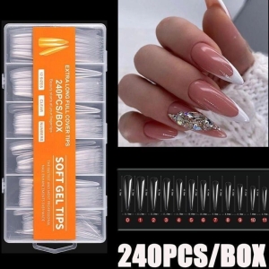Κασετίνα μαλακά τεχνητά νύχια 12 μεγέθοι 240τμχ – Extra Long Full Cover Nail Tips Clear Soft Gel Tips 240pcs