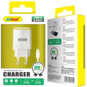 Andowl Φορτιστής με καλώδιο Type-C σε Type-C 30W Q-PD07 - Charger