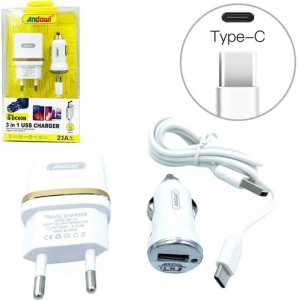Andowl Σετ Αυτοκίνητου και Πρίζας με Θύρα USB-A και Καλώδιο USB-C Λευκός Q-DC60B
