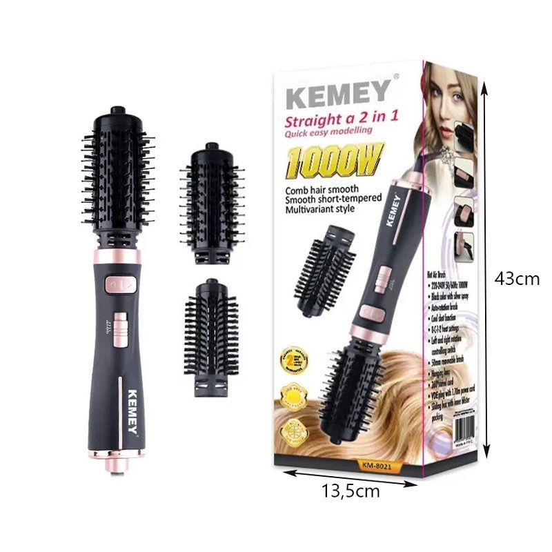 KEMEY Πιστολάκι – Βούρτσα Μαλλιών 2 σε 1 1000W με Εναλλάξιμες Κεφαλές KM-8021 - Hot Air Brush - Image 3